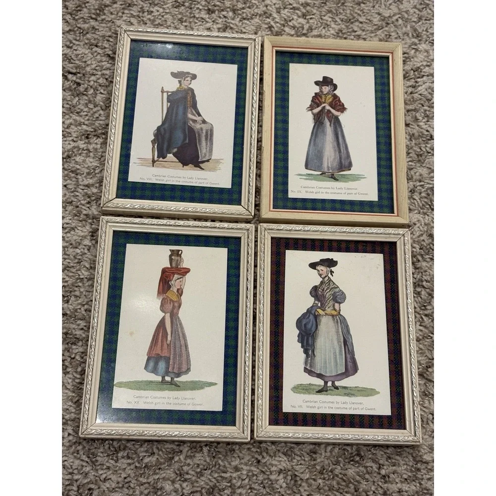 4 VTG Cambrian Costumes Welsh Gwent Gower Lady Llanover Postcards Oxford Framed
